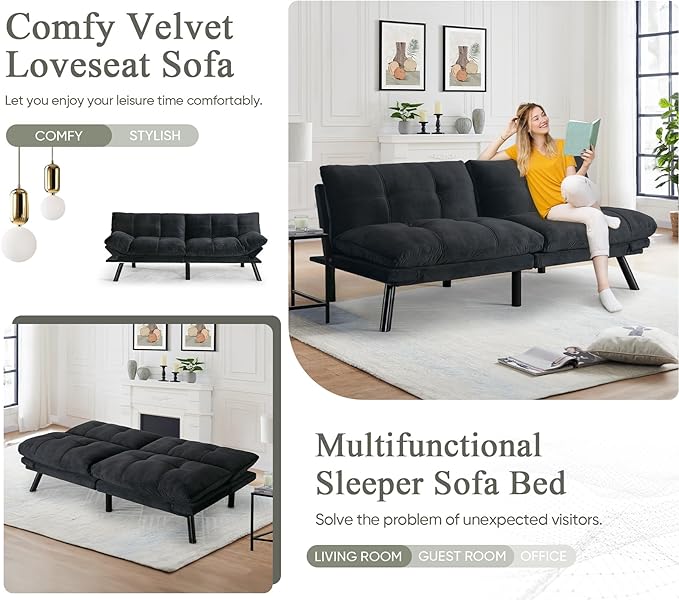 Convertible Velvet Futon Sofa Bed Comfy 72 L Sleeper Couch with Thicker Cushion Upholstered Modern Reclining Loveseat Folding Sofa for Small Living Room Dorm Apartment Office Deep Black
