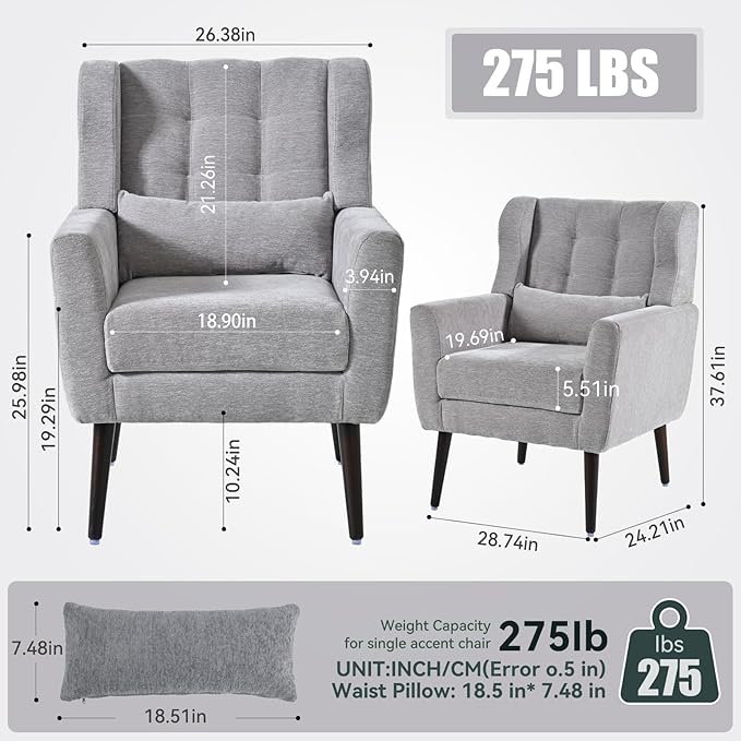 Modern Accent Chair Upholstered Armchair with Pillow Fabric Single Sofa Chair with Lounge Seat Solid Wood Legs Accent Chair for Living Room Bedroom Small Spaces (Grey)