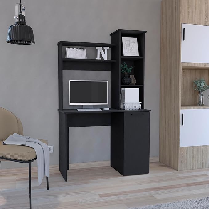Home Office Desk Computer Desk with Hutch Single Door Cabinet Expansive Work Surface and 3-Tier Storage ShelvesBlack25.8 W x 17.7 D