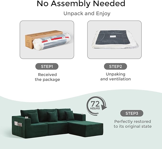 WELAX 104 Modular Sectional Couches for Living Room Boneless Couch L-Shape with Cup Holders &amp Pillows Modern Corduroy Cloud Sofa 4 Seater Home Comfy Sofas for Bedroom Green