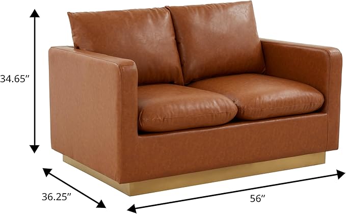 LeisureMod Nervo Modern Upholstered Leather Loveseat Sofa 2-Seater Living Room Couch with Gold Metal Base and Removable Cushions Small Space Furniture for Living Room Office Cognac Tan