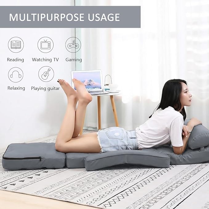 FLOGUOR 14-Position Adjustable Floor Chair Chaise Lounge Indoor Folding Lazy Sofa with Armrests and a Pillow Padded Adults Gaming Chairs for Living Room Bedroom Factory Price8803 (Grey（PU）)