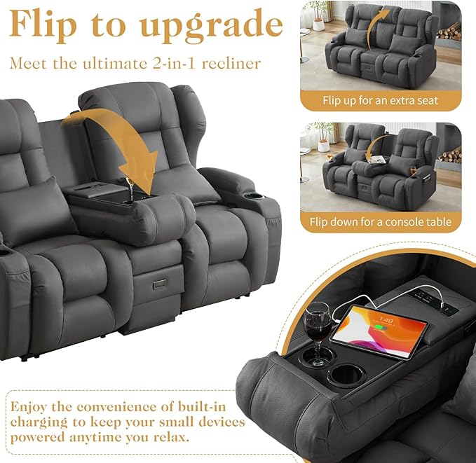 Loveseat Recliner Sofa with Flip-up ConsoleReclining Loveseat Sofa Wall Hugger Recliners for Small SpacesRV Recliner Couches for Living Room (Dark Gray 68''Loveseat with Console)