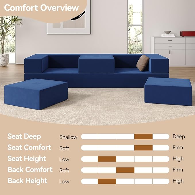 80'' Folding Sofa Bed Velvet Floor Couch Bed with 3Ottomans&amp Washable Cover Memory Foam Couch Fold Out Futon Sleeper for Guest/Living Room/Playroom Queen Blue