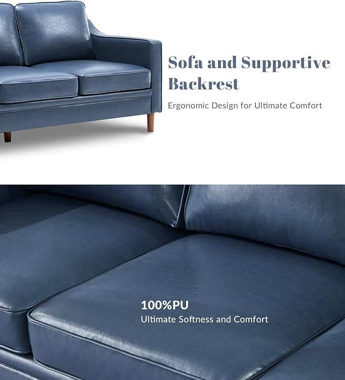 Kingfun Living Room Furniture Sets 3 Seater Couch and Loveseat Mid Century Modern Sofa Set Faux Leather Couch with Solid Wood Frame for Living Room &amp Bedroom Blue