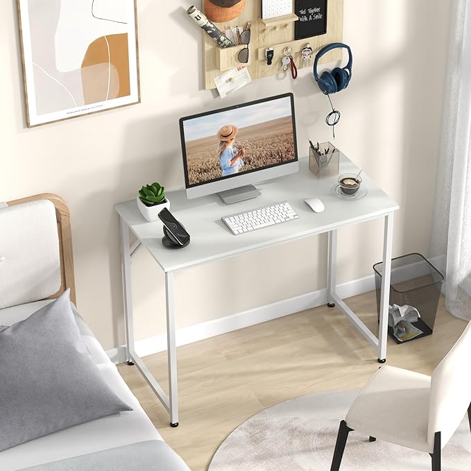 Giantex 40-Inch White Computer Desk Home Office Desk with Heavy-Duty Metal Frame Modern Simple Gaming Table PC Workstation Versatile Small Desk for Bedroom Small Spaces