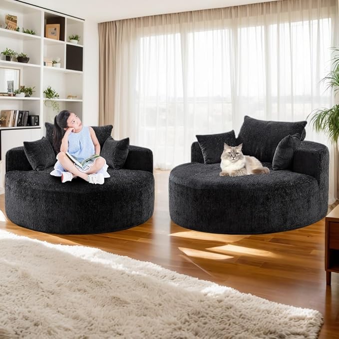 55 Oversized Chaise lounge Chair Indoor Modern Upholstered Deep Seat Wide Armrest Single Floor Circle Round Sofa Chair Sleeper for Small Living Room Bedroom Apartment with Pillow Black Chenille