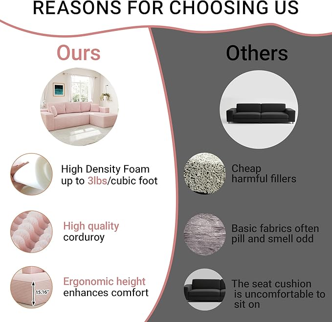 104 Cloud Sectional Sofa with L-Shaped Chaise Plush Corduroy FabricModern Modular CouchUpholstered Deep Seat for Living Room BedroomNo Assembly Required 3-Seater (Right Facing Chaise) Pink