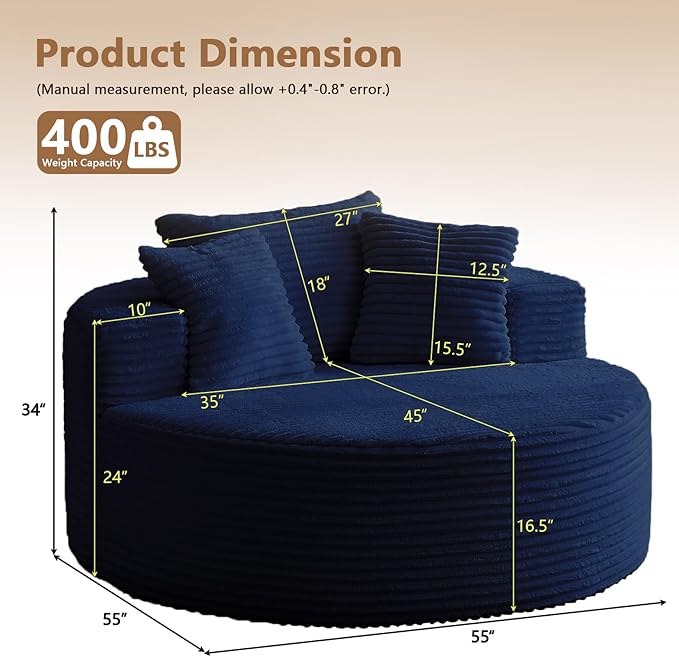 Oversized Round Chair Lounge Chaise Indoor Upholstered Corduroy Deep Seat Cloud Large Circle Sofa Chair No Assembly Required Fluffy Modern Sleeper Sofa Bed for Reading Living Room Bedroom Blue