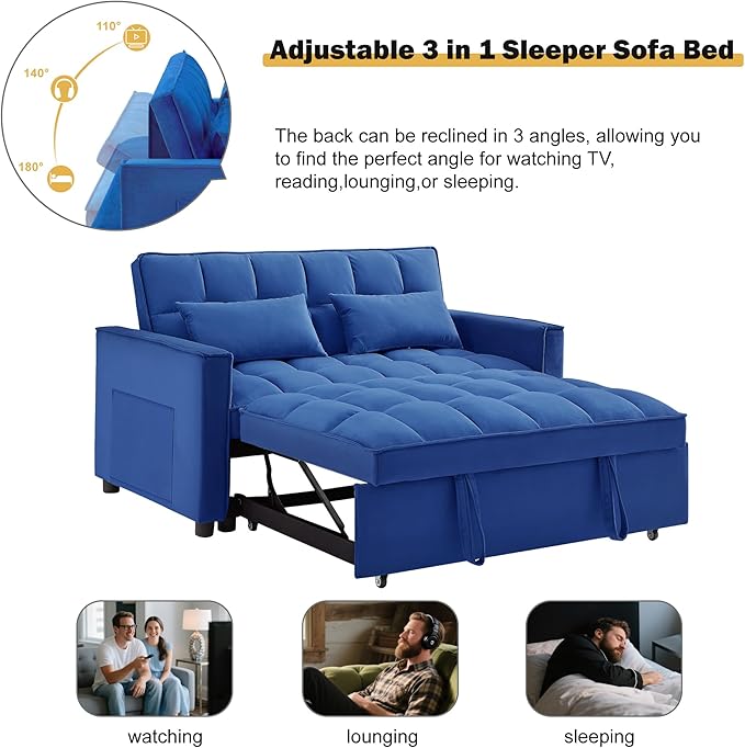 FONTOI 3 in 1 Sleeper Sofa Bed Futon Sofa Bed for Living Room with Side Pocket Blue Sleepers Sofas Couch with Pullout Beds Convertible Love Seat Sleepers couch for Living Room Bedroom Small Space