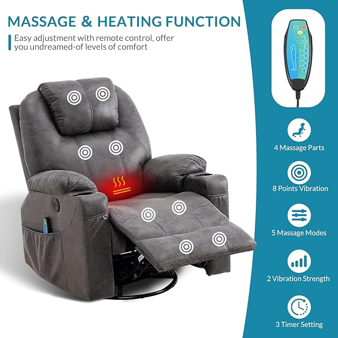 Manual Swivel Glider Rocker Recliner Chair with Massage and Heat 2 USB Ports 2 Cup Holders 2 Side Pockets and 2 Front Pockets Bronze Suede Fabric (Grey)