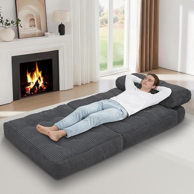 Folding Sofa Bed Convertible Sleeper Chair with Pillow &amp Handle Foldable Mattress Futon Chair Bed Lounge with Back Support Comfy Floor Sofa for Living Room Bedroom Grey Single
