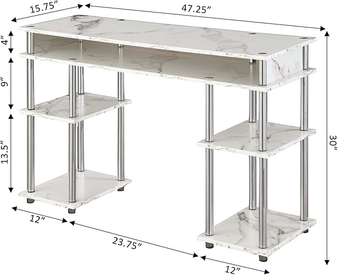 Convenience Concepts Designs2Go No Tools Student Desk 47.25 - Contemporary Office Dorm Room Desk and Vanity with Storage Shelves White Faux Marble II/Chrome