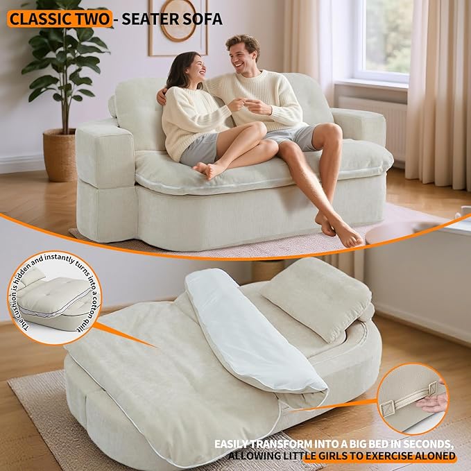 JustYes 78.7'' Convertible Boneless Couch Bed - Pull-Out Lazy Lounge Sleeper Sofa Memory Foam Folding Futon for Living Room Bedroom Dorm &amp Office Beige