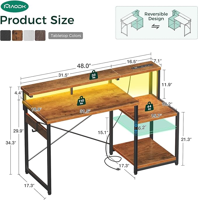 AODK Computer Desk 48 Inch Gaming Desk with Led Lights &amp Power Outlet Office Desk with Storage Shelves Reversible Desk with Monitor Shelf &amp Headphone Hook Rustic Brown