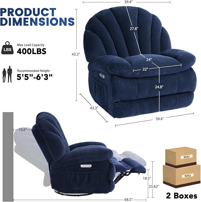 EONIX Dual Motor Power Swivel Rocker Recliner Chair for Living Room Power Adjustable Backrest and Extended Footrest USB Charging Ports Shell Shape Recliner Chair SXXY004021 Navy Blue