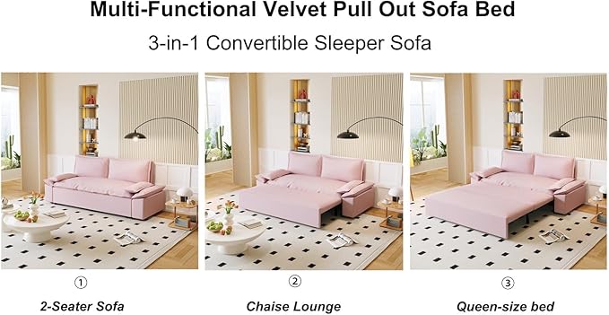 Pull Out Sofa Bed Queen 3 in 1 Convertible Sleeper Sofa Couch with Pullout Bed Comfy Futon Sofa cama moderno Velvet Recliner Loveseat for Living Room Apartment Small Space 70 Pink