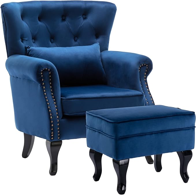 chairus Mid-Century Modern Accent Chair with Ottoman Comfy Velvet Single Sofa Chair Button Tufted Wingback Armchair with Pillow for Living Room/Bedroom/Club - Blue