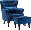 chairus Mid-Century Modern Accent Chair with Ottoman Comfy Velvet Single Sofa Chair Button Tufted Wingback Armchair with Pillow for Living Room/Bedroom/Club - Blue