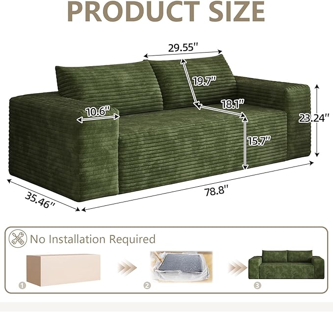 78.8 Loveseat Sofa Boneless Loveseats for Living Room Apartment Size Couch No Assembly Required Corduroy Love Seat for Small Spaces Bedroom Apartment Office Green