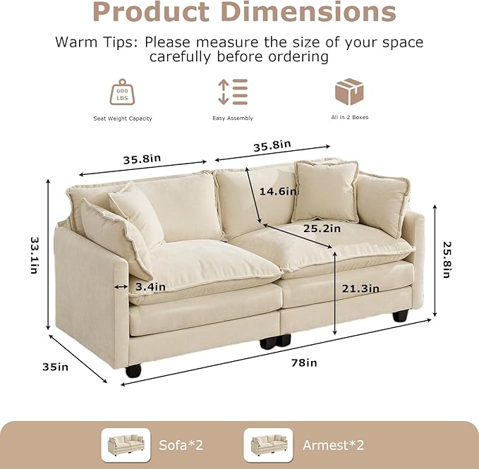 Sofa Couch for Living RoomModern Modular Sectional Sofa 2-Seat 78 Chenille Removable Memory Foam Sofa with 2 Throw Pillows2 Lumbar Pillowsfor Bedroom ApartmentBeige