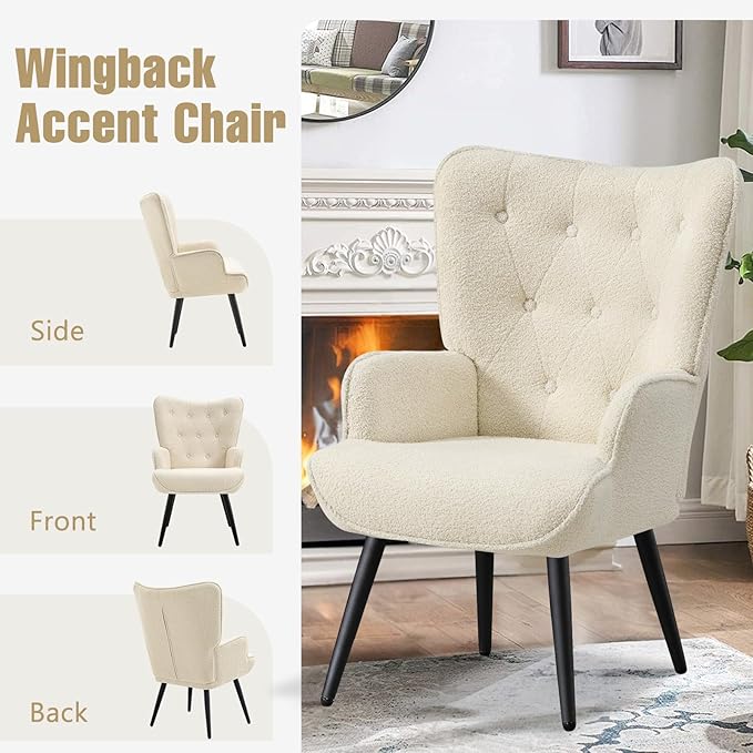 Furniliving Boucle Accent Chair for Living Room Upholstered Reading Chair with High Backrest Tufted-Button Wingback Armchair for Bedroom Dressing Room Home Office Ivory White