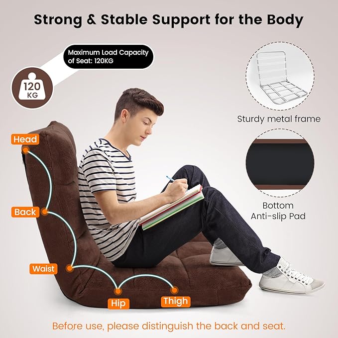 Moccha 14-Position Floor Chair Folding Sofa Chair with Back Support Memory Foam Floor Gaming Chairs for Adults Adjustable Padded Couch Recliner Sleeper Bed for Reading Meditating Brown