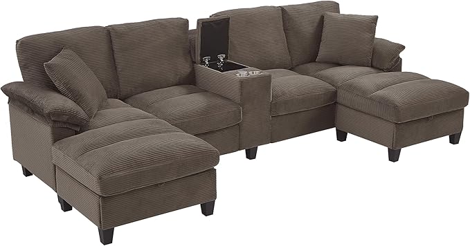 Modern U-Shaped Sofa 116.9 Sectional Sofa Corduroy Upholstered Sofa Couch with Storage Ottomans Cup Holders and USB Ports for Living Room (Brown-X70)