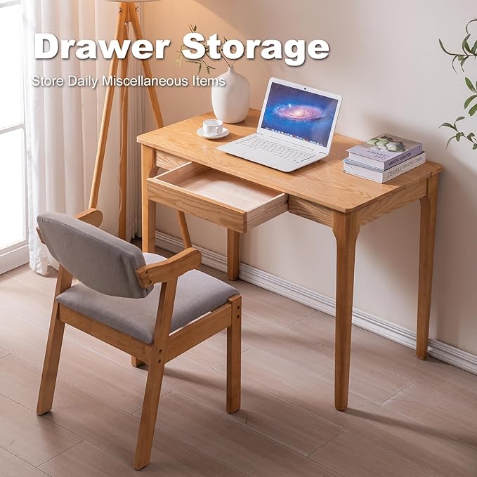 Solid Wood Desk with Drawers Home Office Desk for Small Spaces Gaming Work Study Desk Student PC Desk for Bedroom Easy to Assemble (Wood Color 39.4 inch)