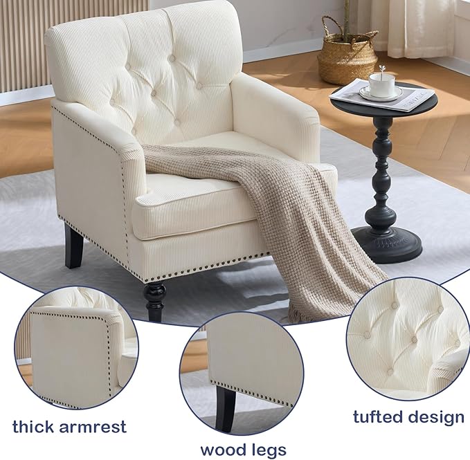 Chifee &amp Vingol Wingback Chair Upholstered Button Armchair Upholstered Living Room Chairs Comfy Single Sofa ChairLinen Beige