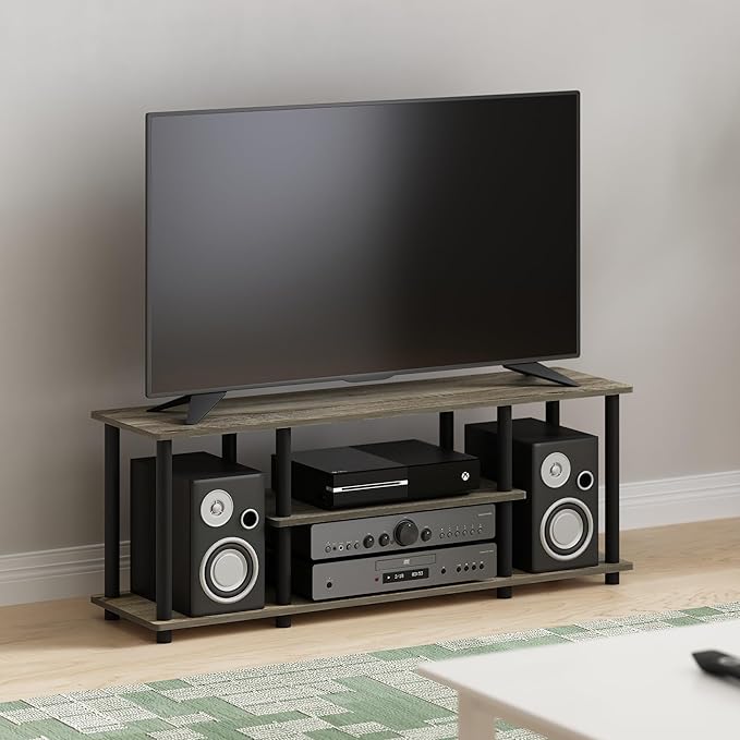 Furinno Turn-N-Tube No Tools 3D 3-Tier Entertainment TV Stand up to 50 inch TV Round Tubes French Oak Grey/Black
