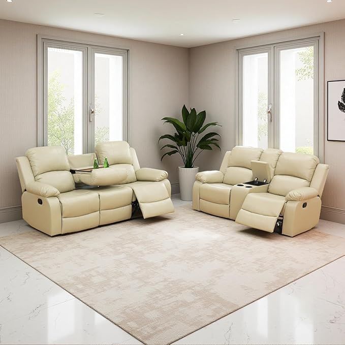 Faux Leather Manual Recliner Sofa Set Luxury Recliner Couch Set in 2 Piece Living Room Furniture Sets Reclining Sofa Loveseat with Cup Holders/Storage for Living Room/Office/RV Car Beige