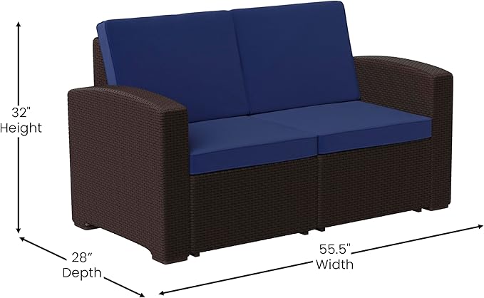 Flash Furniture Seneca Chocolate Brown Faux Rattan Loveseat with All-Weather Navy Cushions
