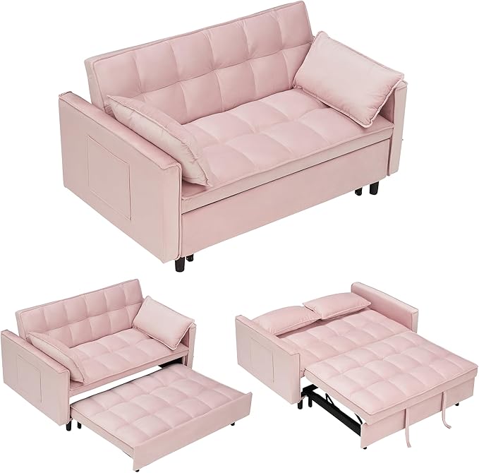 55 Modern Velvet Loveseat Sleeper Sofa 3-in-1 Convertible Pull-Out Bed with Adjustable Backrest 2 Pillows &amp Side Pockets Small Pull Out Couch for Living Room Apartment(Pink)