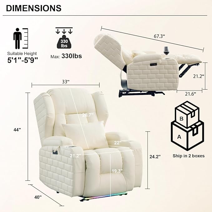 Wall Hugger Power Recliner Chair with Massage &amp Heat Electric Home Theater Reclining Chair with Cup Holder USB Port LED Light Faux Leather Living Room Chair (Beige White Single)