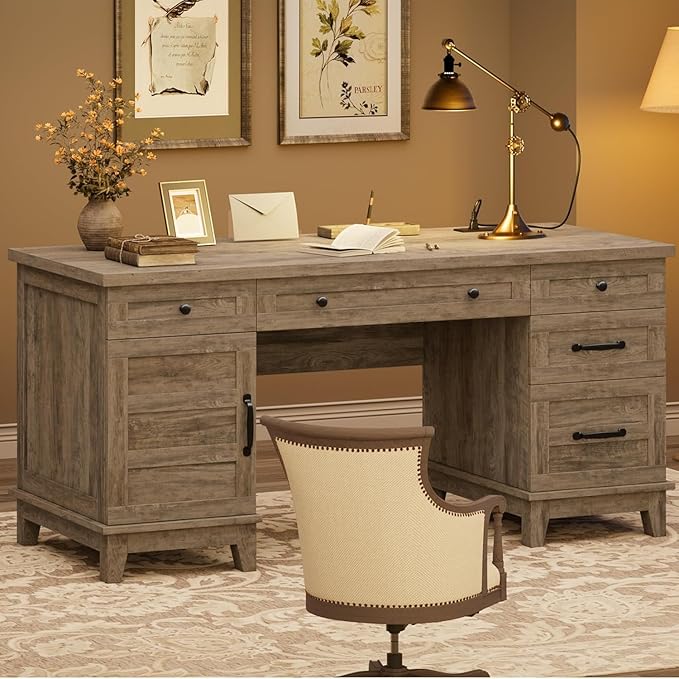 60 Inch Farmhouse Computer Desk with Charging Station &amp File Cabinet Wooden Office Desk with Power Outlets USB Ports and Ample Storage Drawers for Home Workspace Executive Writing Table.