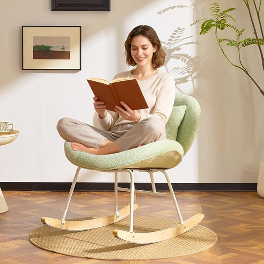 VINGLI 25.6 Extra Wide Nursery 115° Armless Rocking Chair Curved Cute Cross-Legged Glider Chair with Pillow &amp Solid Wood Nursing Chair for Bedroom Living Room Teddy Fleece Mint Green