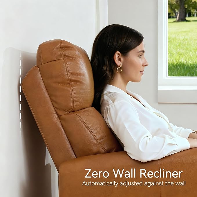 MCombo Power Small Recliners for Small Spaces Living Room RVs Modern Style Zero Wall Hugger Recliners Chair with Lumbar Support USB&ampCharging Ports FSC Certified Faux Leather PR699 (Cognac Br