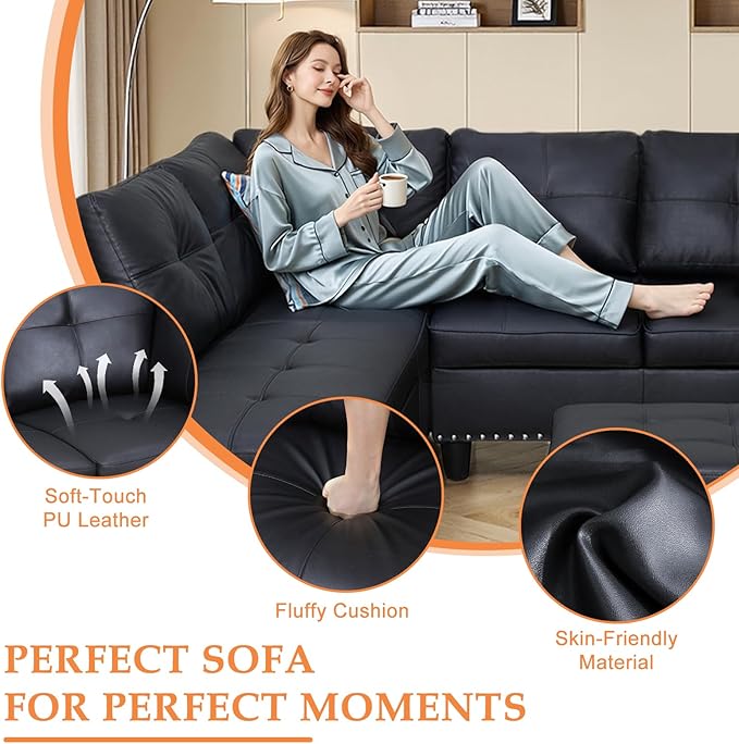 Wakefit Sectional Sofa Couch Modern 4-Seaters Living Room Furniture Sets with Chaise Lounge Ottoman &amp 2 Pillows | L Shape Couch | Cup Holder | Faux PU Leather Black