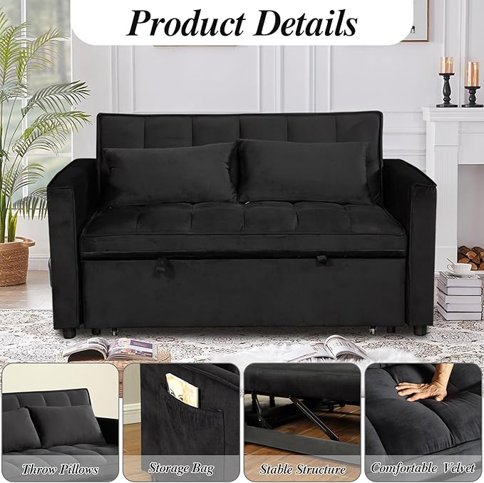 Sleeper Sofa Velvet Pull Out Sofa Bed Convertible Sofas Couch Adjustable Backrest Loveseat Sofa Couch Side Pocket for Living Room OfficeSmall Space-Black