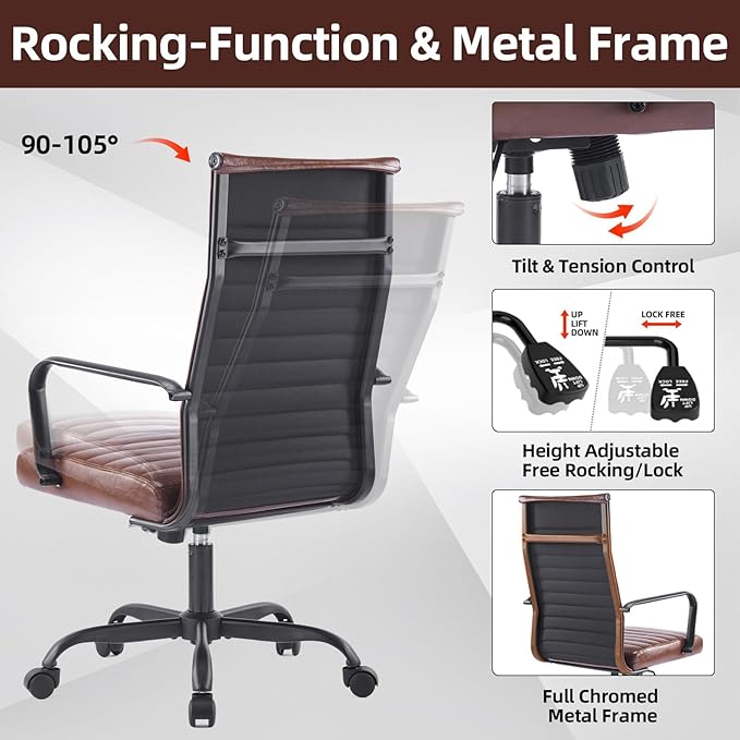 Office Chair Ergonomic Executive Conference Room Chairs Ribbed Leather Desk Chair with Lumbar Support Adjustable Height Mid-Back Swivel Chair with Padded Seat