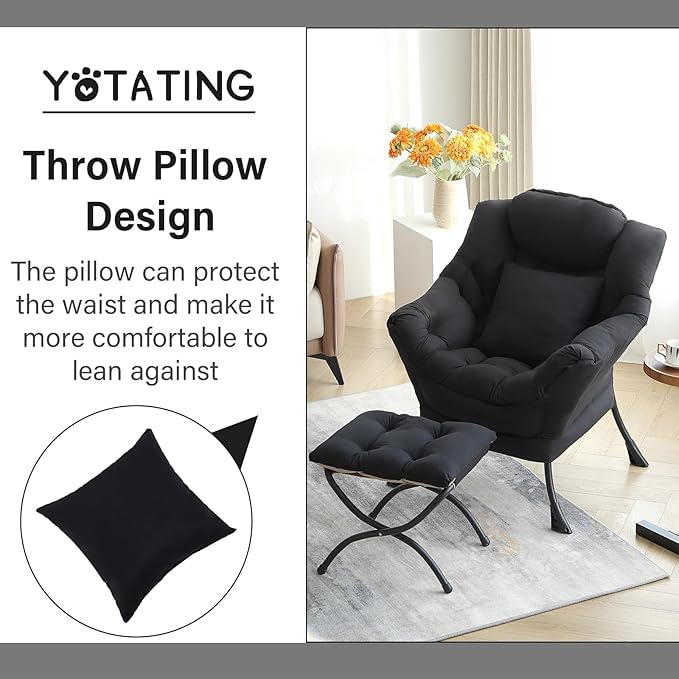 Lazy Chair with Ottoman Comfy Reading Chair with Footstool &amp Pillow Modern Lounge Chair with Armrests &amp Side Pocket for Living Room Bedroom Dorm RoomBlack