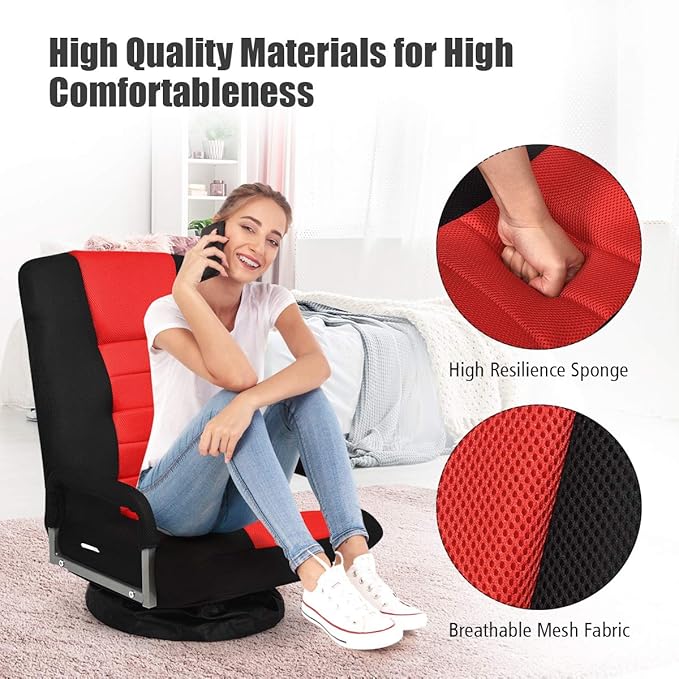 Giantex Floor Chair 360 Degree Swivel Chair with Adjustable Backrest Lumbar Support Armrest Foldable Lazy Sofa Rocker for TV Reading Playing Video Games Black/Red