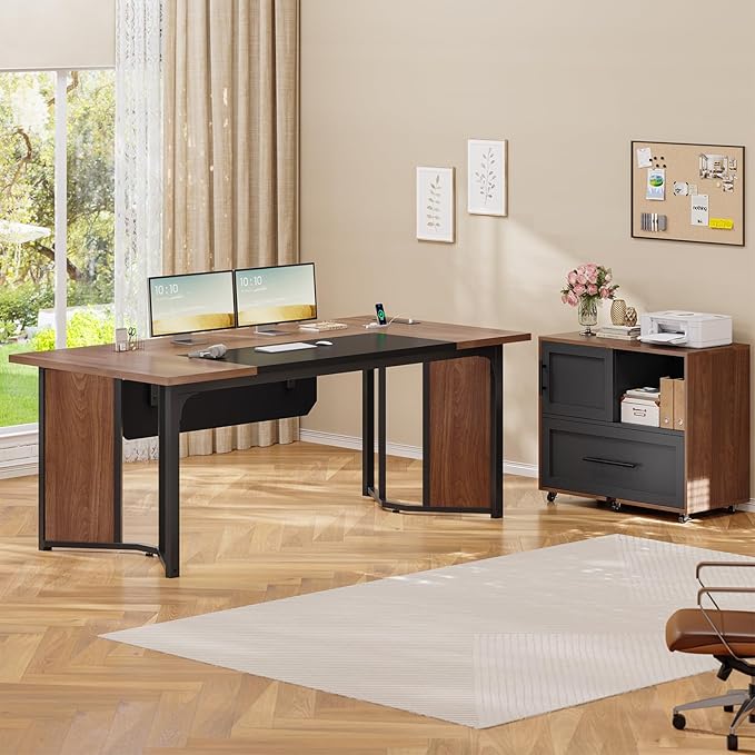 63 Executive Desk with Mobile File Cabinet Large Office Desk with Drawer Modern L Shaped Desk with Power Outlets Storage Shelves Corner Computer Desk Business Workstation Set (Walnut)