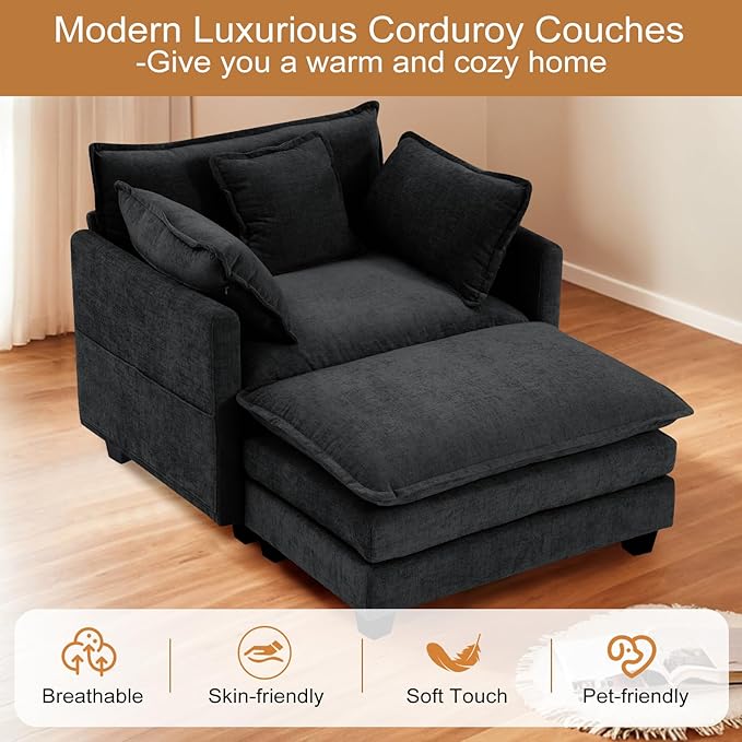 Furniliving Oversized Accent Chairs with Ottoman Luxury Chenille Single Sofa Couch Upholstered Deep Seat Chaise Lounge with Pillows for Living Room Bedroom Apartment Black