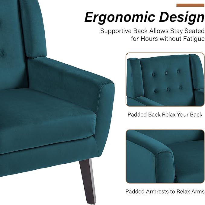 Lumibee Accent Chair Modern Velevet Armchair for Living Room Comfy Upholstered Arm Chair Tufted for Indoor Bedroom Office Room (Blue Velvet)