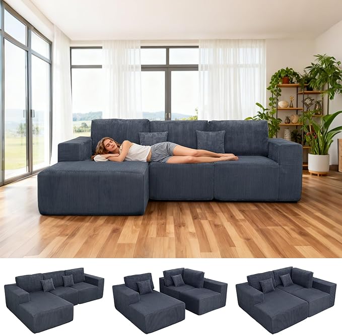 3 Pieces Boneless Couches for Living Room L-Shape Chaise Cloud Couch Modular Sectional Deep Seat 111 Compressed Couches for Living Room Bedroom Plush Corduroy Fabric No Assembly Required Dark Grey