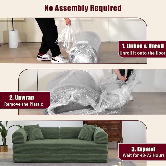 JJJ 63 inch Sofa Bed 4-in-1 Boneless Convertible Corduroy Sleeper Folding Couch with Fixed-Shape Frame and 2 Futons No Assemble Required 3 Seater Upholstered for Living Room (Olive Green 63 inch)