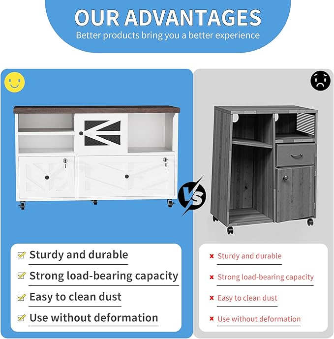 Lockable 2-Drawer Lateral File Cabinet with Open Storage Shelves Rolling Filing Cabinet for Home Office Holds Letter/Legal/A4 Files Heavy Duty Mobile File Cabinet White and Brown