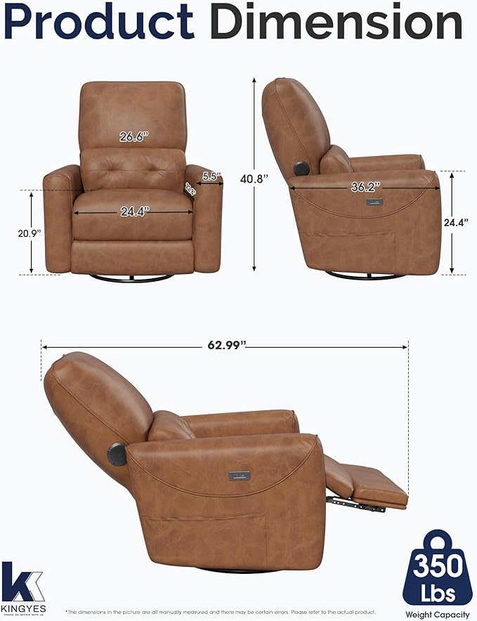 KINGYES Nursery Recliner Rocking Chair 270° Swivel Glider with Bluetooth Speaker &amp USB-C Port Faux Leather Nursery Rocking Chair Brown